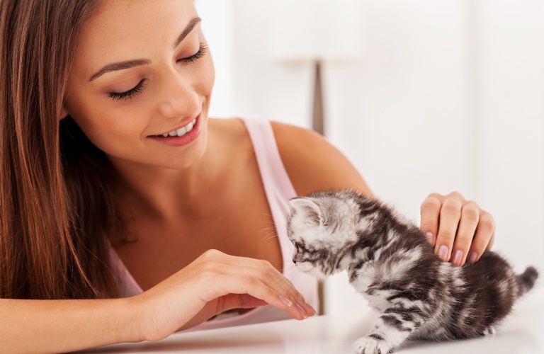 Девушка гладит котенка